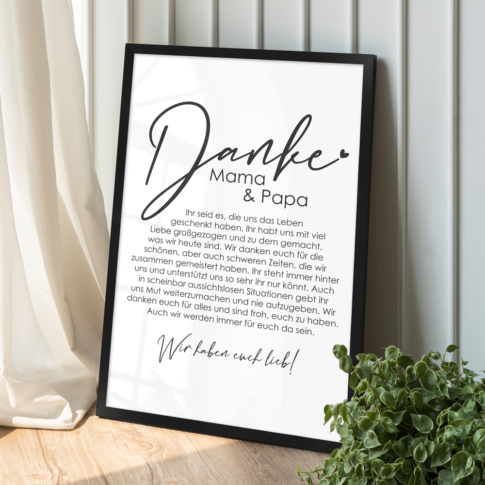 "Danke Mama und Papa - von uns" 40x60 cm Poster im Raum