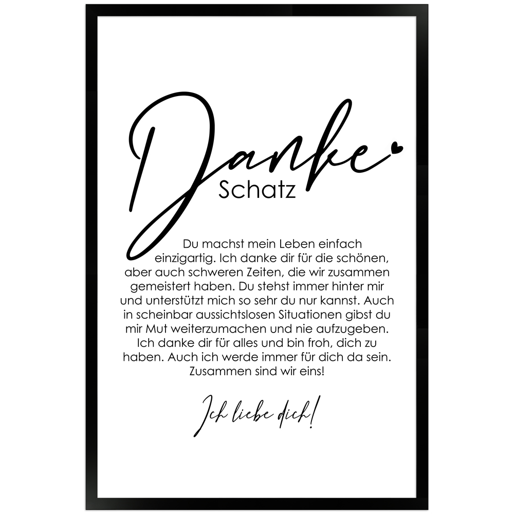 40x60 cm Danke Poster "Danke Schatz" in schwarzem Rahmen