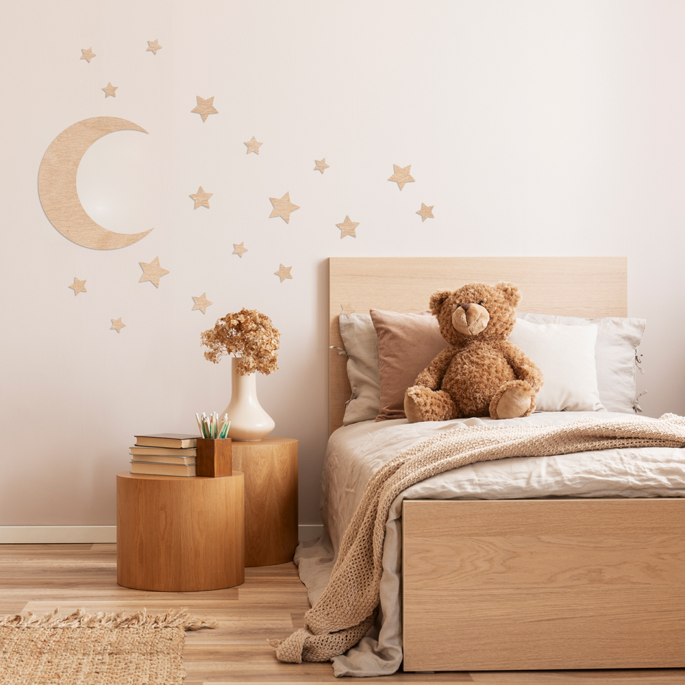 "Mond und Sterne" Wanddeko Holz, Pappelsperrholz im Kinderzimmer, mehrteilig Detail 1