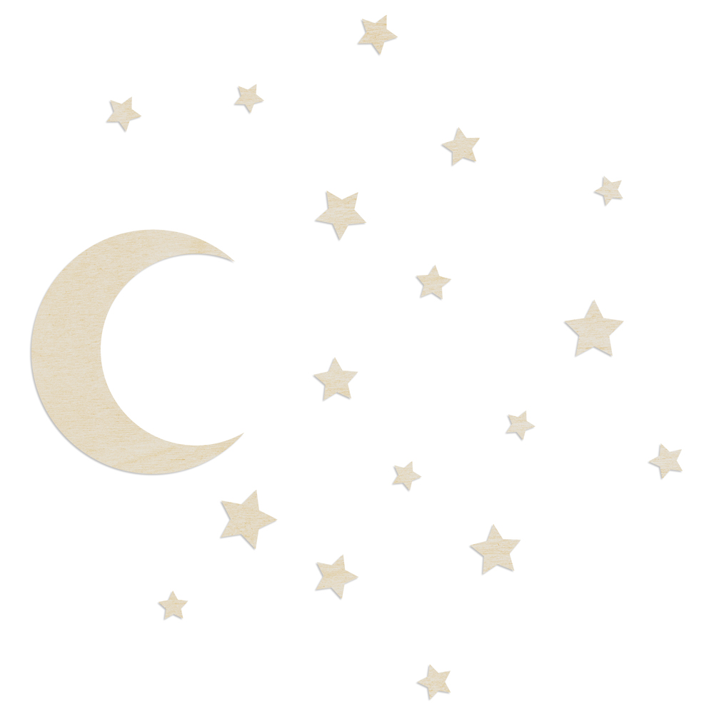 gelaserte Wanddekoration aus Pappelsperrholz "Mond und Sterne", mehrteilig "Mond und Sterne" -  Wanddeko Holz aus Pappelsperrholz, Mehrteilig