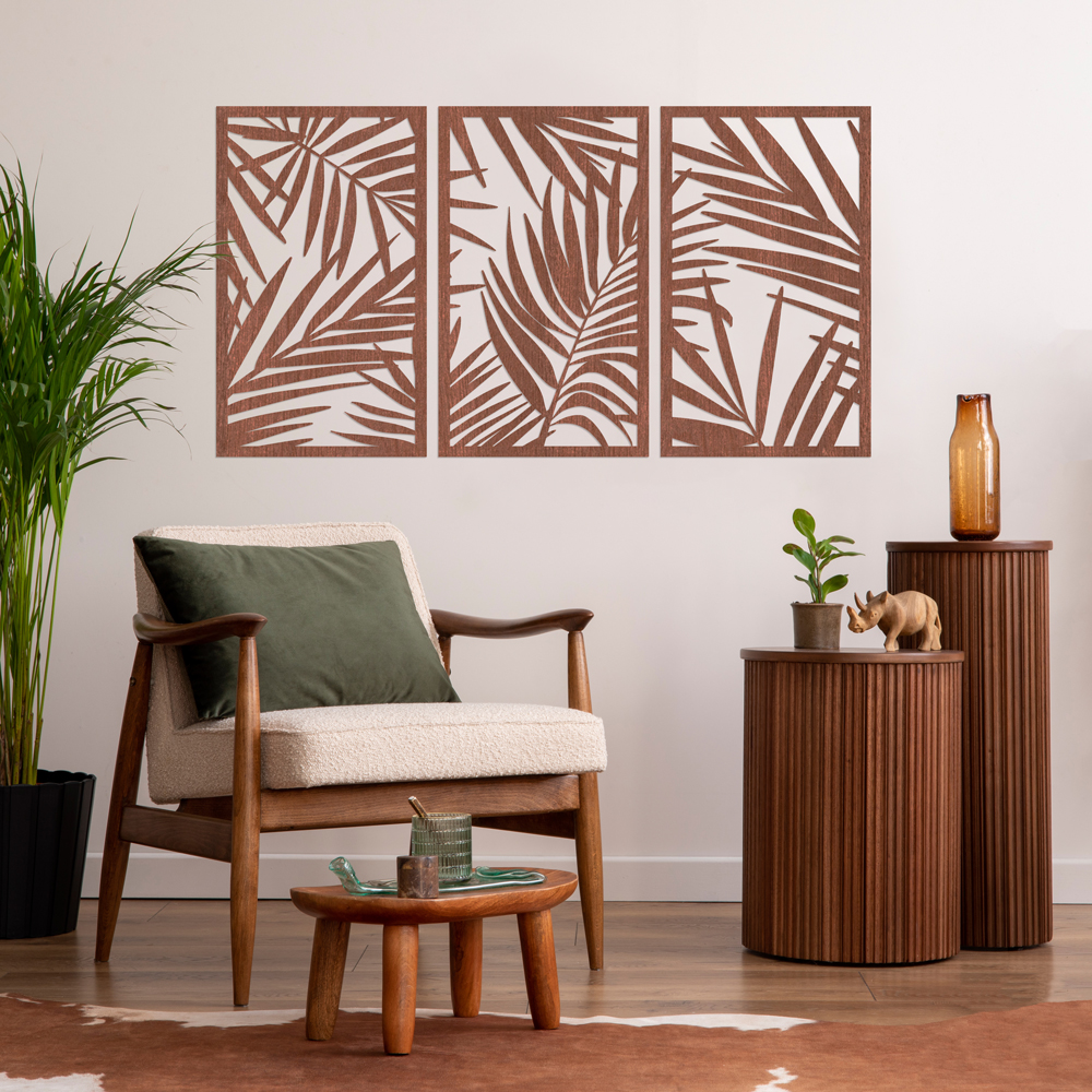 "Farn" Wanddeko Holz, Sperrholz mit Mahagoni-Furnier im Wohnzimmer 3er Set