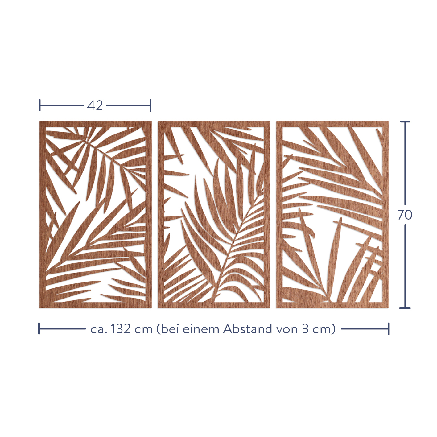 "Farn" - 132x70 cm Wanddeko Holz aus Sperrholz mit Mahagoni-Furnier 3er Set