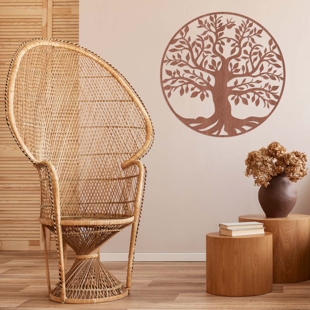 "Baum des Lebens" Wanddeko Holz, Pappelsperrholz mit Sapeli-Furnier im Wohnzimmer, Detail 3