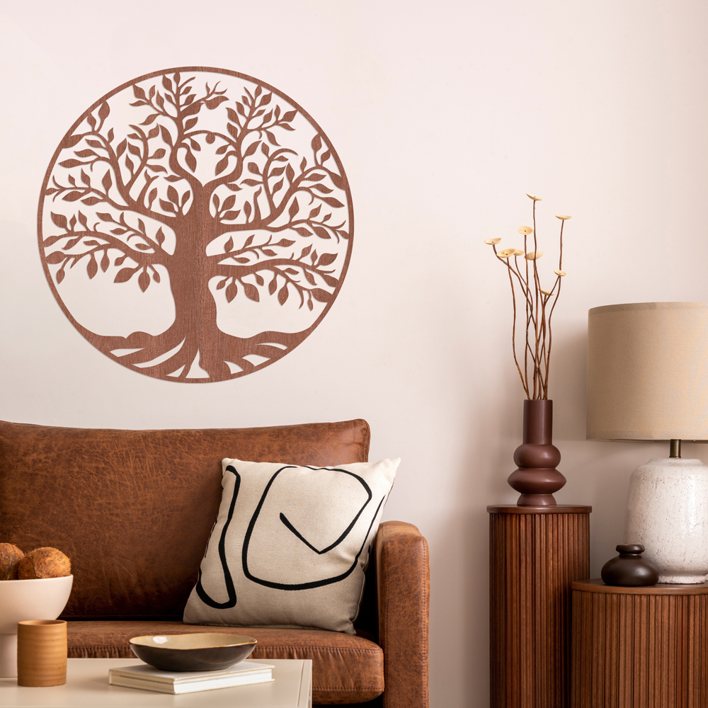 "Baum des Lebens" Wanddeko Holz, Sperrholz mit Mahagoni-Furnier im Wohnzimmer, Detail 2