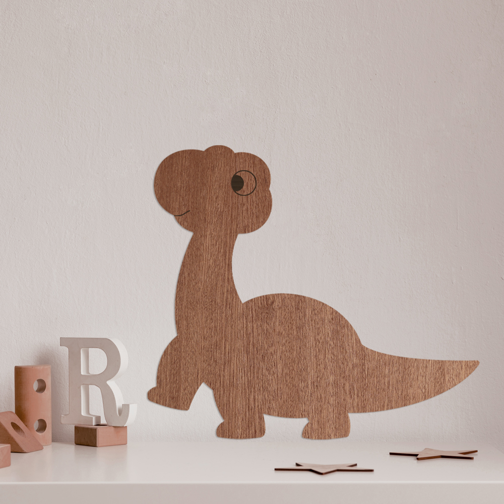 Interior Beispiel - Wanddekoration aus Sperrholz mit Mahagoni-Furnier "Dino Brachiosaurus" im Kinderzimmer, Detail 2 "Dino Brachiosaurus" Wanddeko Holz, Sperrholz mit Mahagoni-Furnier im Kinderzimmer, Detail 2