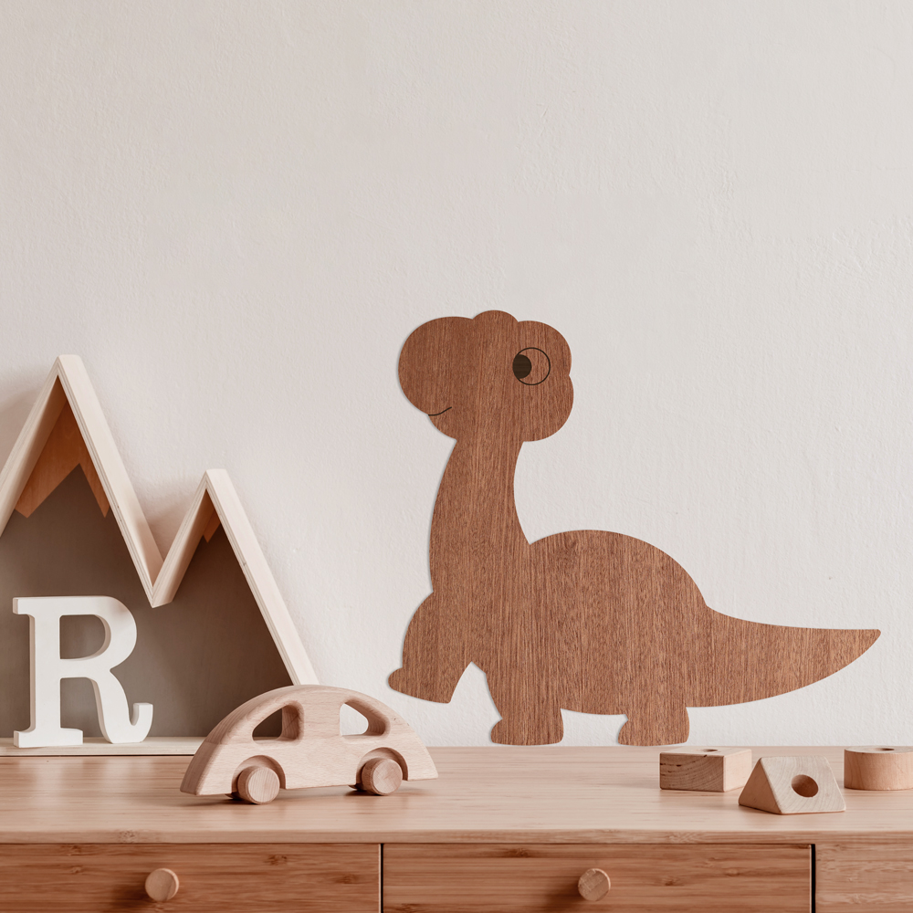 Interior Beispiel - Wanddekoration aus Sperrholz mit Mahagoni-Furnier "Dino Brachiosaurus" im Kinderzimmer, Detail 2 "Dino Brachiosaurus" Wanddeko Holz, Sperrholz mit Mahagoni-Furnier im Kinderzimmer, Detail 3