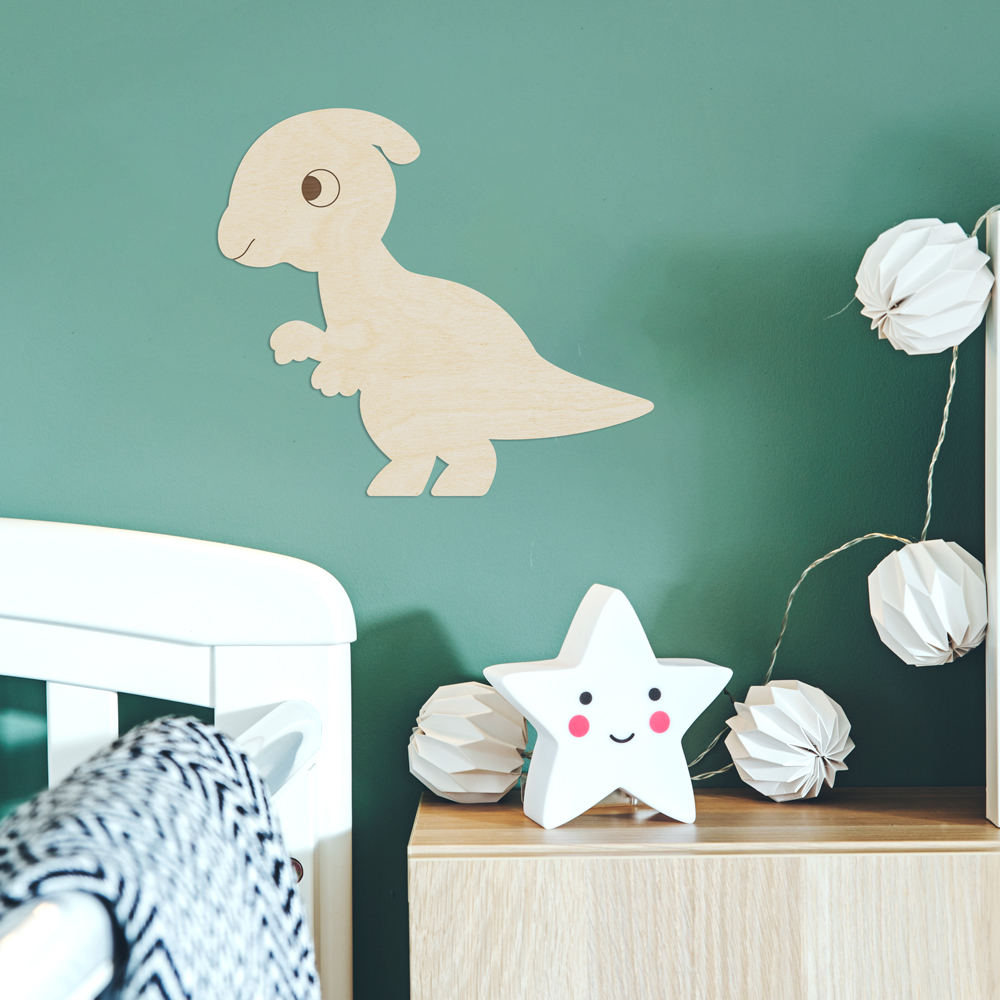 Interior Beispiel - Wanddekoration aus Pappelsperrholz "Dino Parasaurolophus" im Kinderzimmer, Detail 1 "Dino Parasaurolophus" Wanddeko Holz, Pappelsperrholz im Kinderzimmer, Detail 1