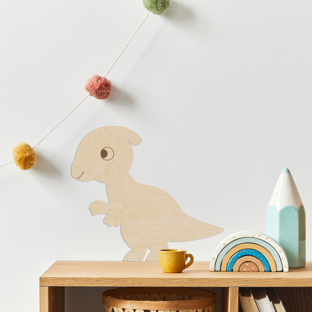 Interior Beispiel - Wanddekoration aus Pappelsperrholz "Dino Parasaurolophus" im Kinderzimmer, Detail 2 "Dino Parasaurolophus" Wanddeko Holz, Pappelsperrholz im Kinderzimmer, Detail 2