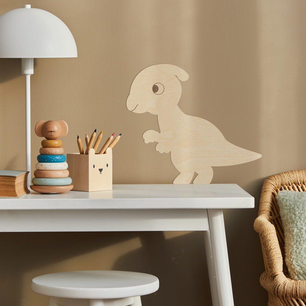 Interior Beispiel - Wanddekoration aus Pappelsperrholz "Dino Parasaurolophus" im Kinderzimmer, Detail 3 "Dino Parasaurolophus" Wanddeko Holz, Pappelsperrholz im Kinderzimmer, Detail 3