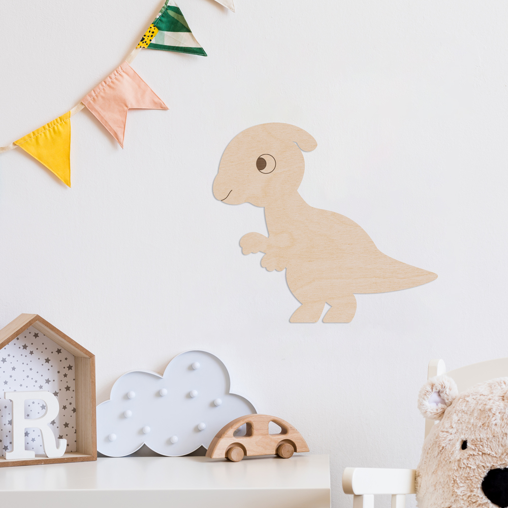Interior Beispiel - Wanddekoration aus Pappelsperrholz "Dino Parasaurolophus" im Kinderzimmer, Detail 4 "Dino Parasaurolophus" Wanddeko Holz, Pappelsperrholz im Kinderzimmer, Detail 4