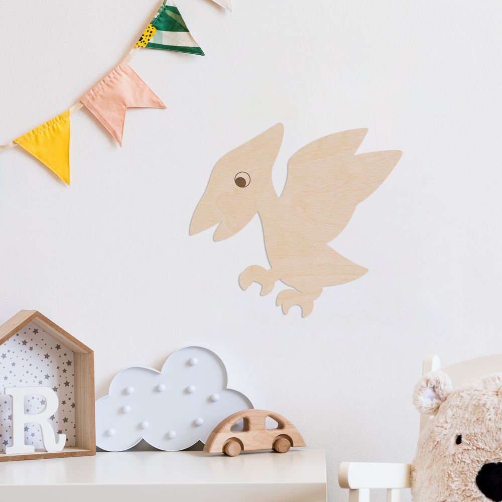 Interior Beispiel - Wanddekoration aus Pappelsperrholz "Dino Flugsaurier" im Kinderzimmer, Detail 4 "Dino Flugsaurier" Wanddeko Holz, Pappelsperrholz im Kinderzimmer, Detail 4