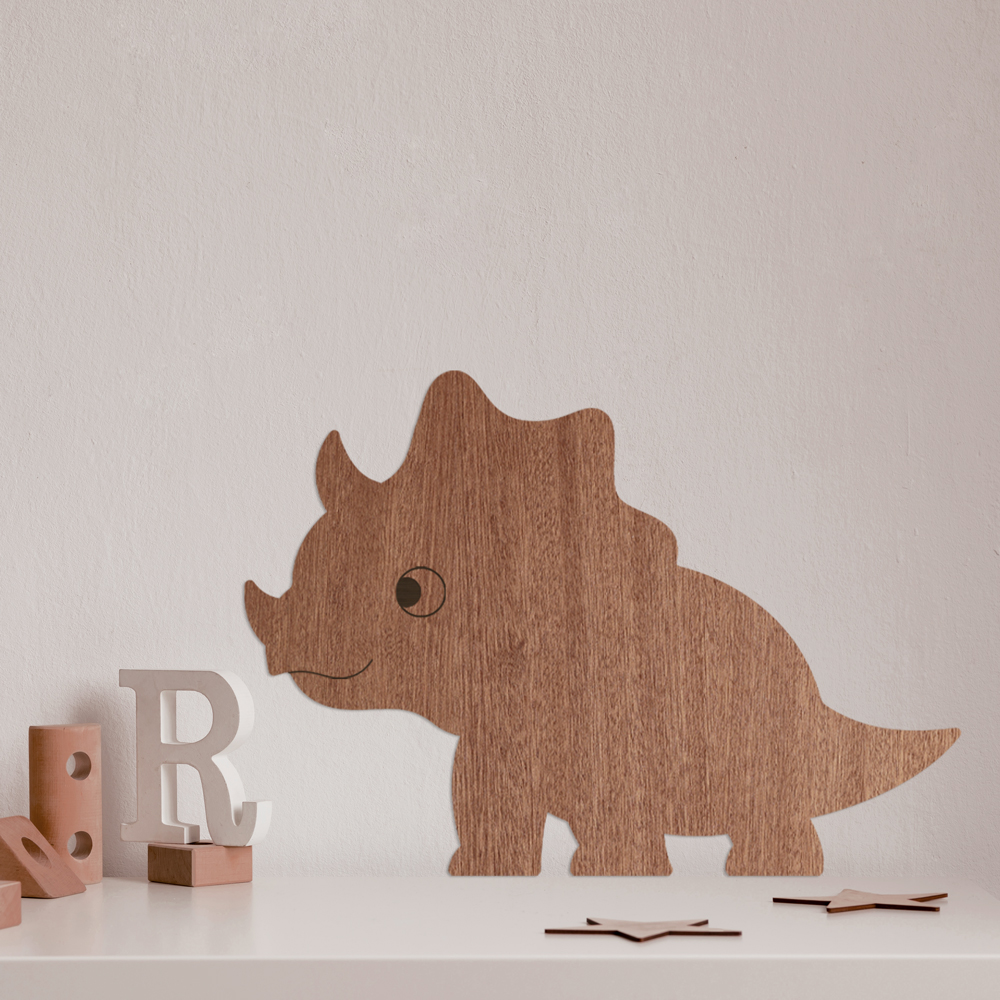 Interior Beispiel - Wanddekoration aus Sperrholz mit Mahagoni-Furnier "Dino Triceratops" im Kinderzimmer, Detail 2 "Dino Triceratops" Wanddeko Holz, Sperrholz mit Mahagoni-Furnier im Kinderzimmer, Detail 2