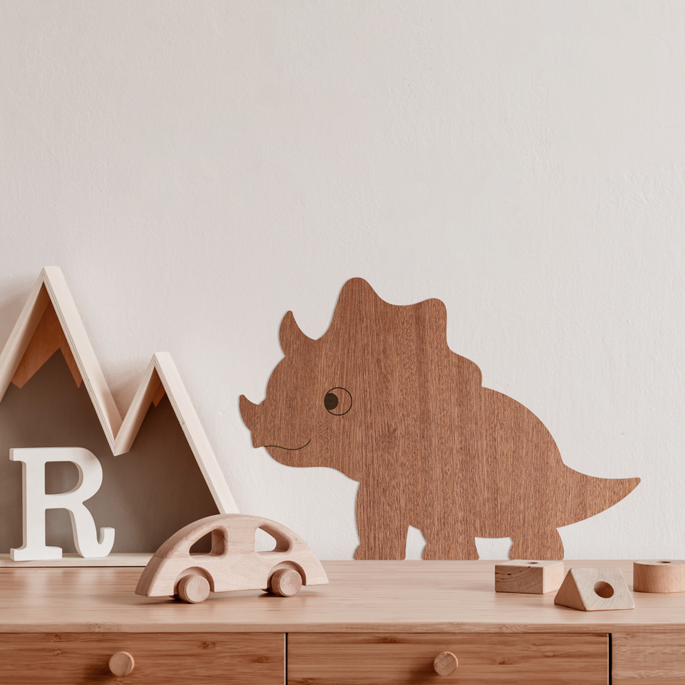 Interior Beispiel - Wanddekoration aus Sperrholz mit Mahagoni-Furnier "Dino Triceratops" im Kinderzimmer, Detail 3 "Dino Triceratops" Wanddeko Holz, Sperrholz mit Mahagoni-Furnier im Kinderzimmer, Detail 3
