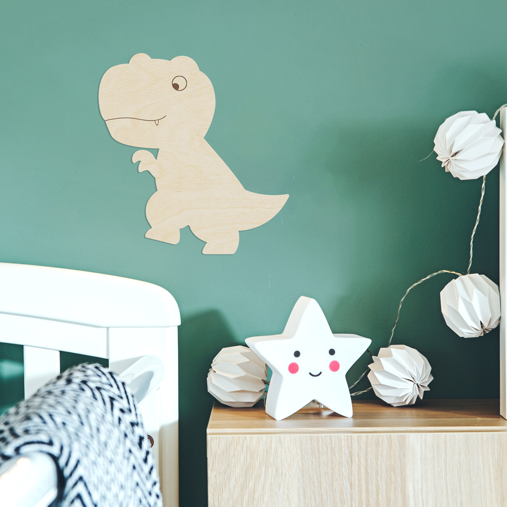Interior Beispiel - Wanddekoration aus Pappelsperrholz "Dino T-Rex" im Kinderzimmer, Detail 1 "Dino T-Rex" Wanddeko Holz, Pappelsperrholz im Kinderzimmer, Detail 1