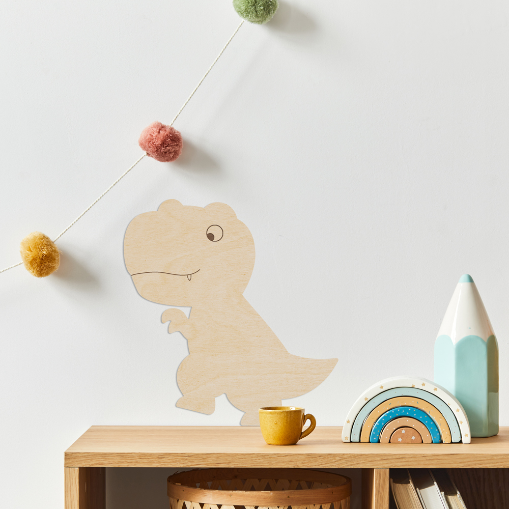 Interior Beispiel - Wanddekoration aus Pappelsperrholz "Dino T-Rex" im Kinderzimmer, Detail 2 "Dino T-Rex" Wanddeko Holz, Pappelsperrholz im Kinderzimmer, Detail 2