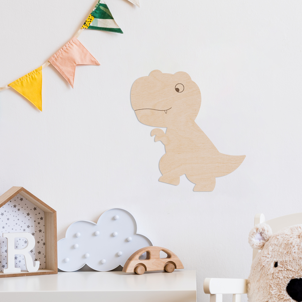 Interior Beispiel - Wanddekoration aus Pappelsperrholz "Dino T-Rex" im Kinderzimmer, Detail 4 "Dino T-Rex" Wanddeko Holz, Pappelsperrholz im Kinderzimmer, Detail 4