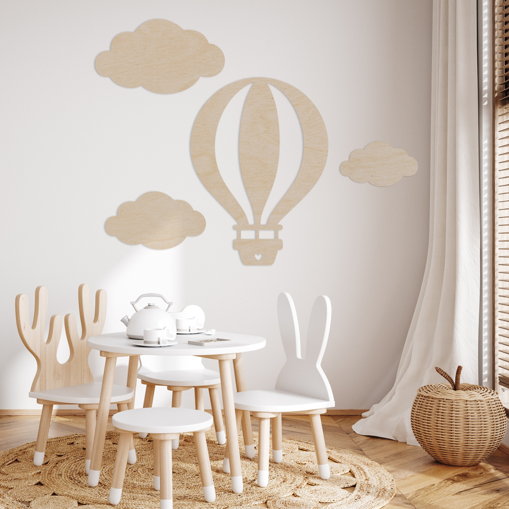 Wanddeko aus Holz | Ballon mit Wolken Wanddeko aus Holz | Ballon mit Wolken