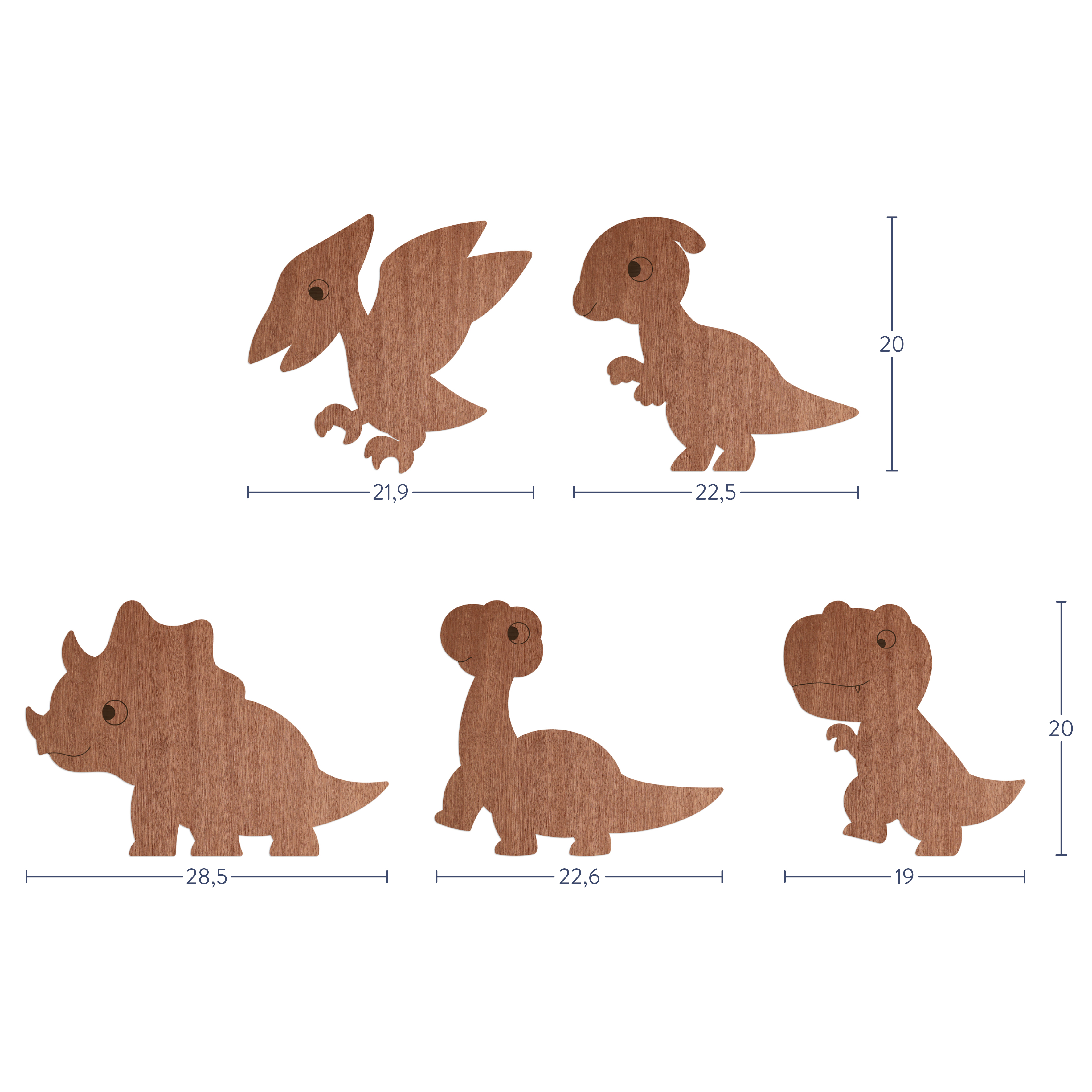 "Dino-Set" - Größenübersicht 1 zu Wanddeko Holz aus Sperrholz mit Mahagoni-Furnier