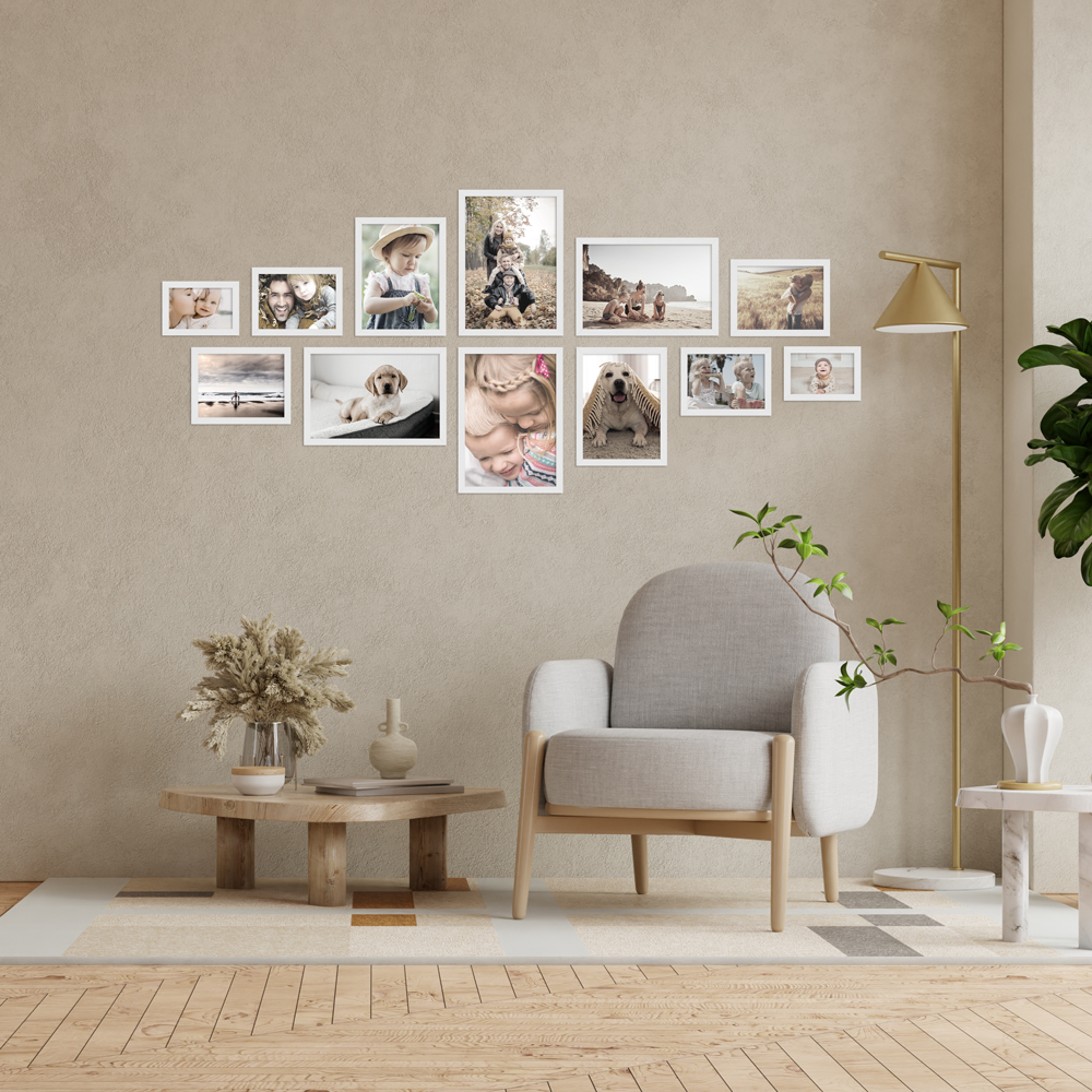 Bilderwand aus weißem 12er Bilderrahmen-Set