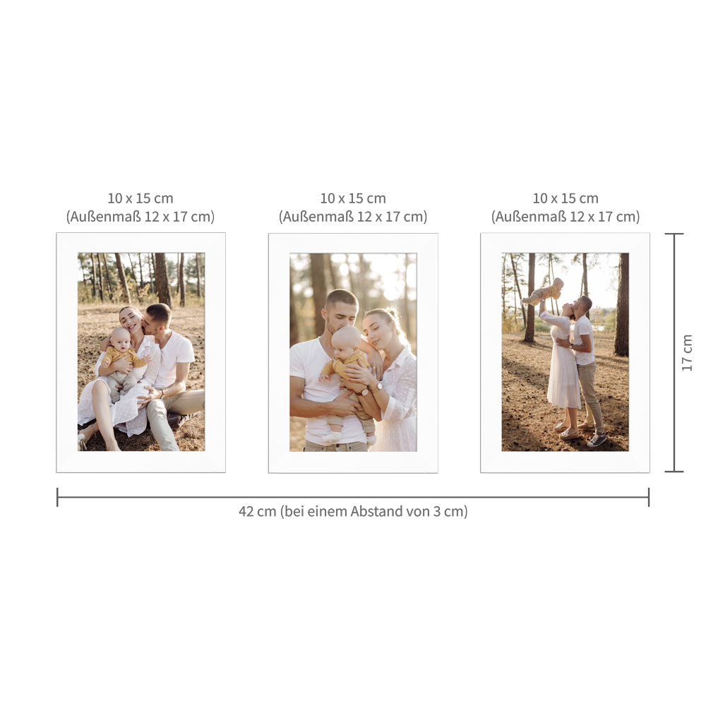 Beispielaufhängung für ein weißes Bilderrahmen-Set im Format 10x15 cm