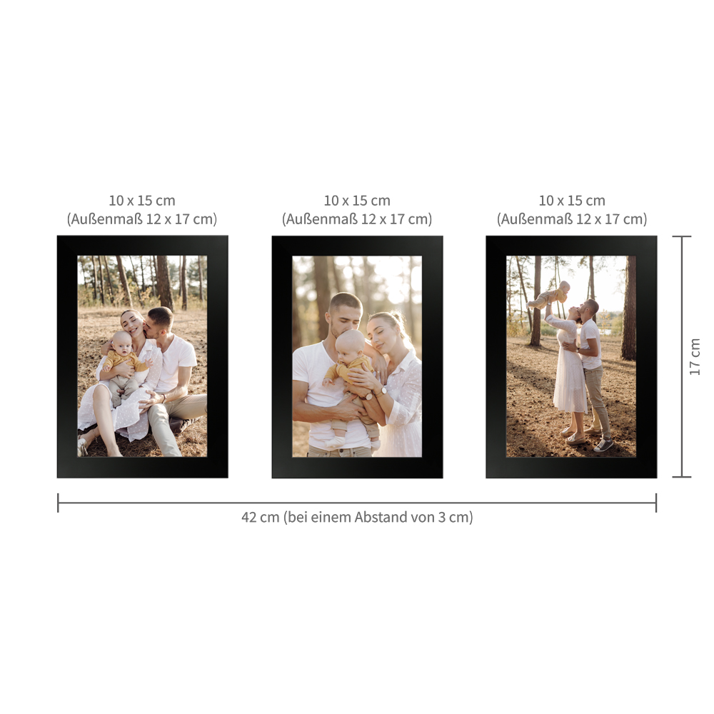 Beispielaufhängung für ein schwarzes Bilderrahmen-Set im Format 10x15 cm