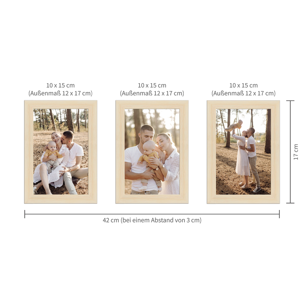 Beispielaufhängung für ein naturfarbenes Bilderrahmen-Set im Format 10x15 cm