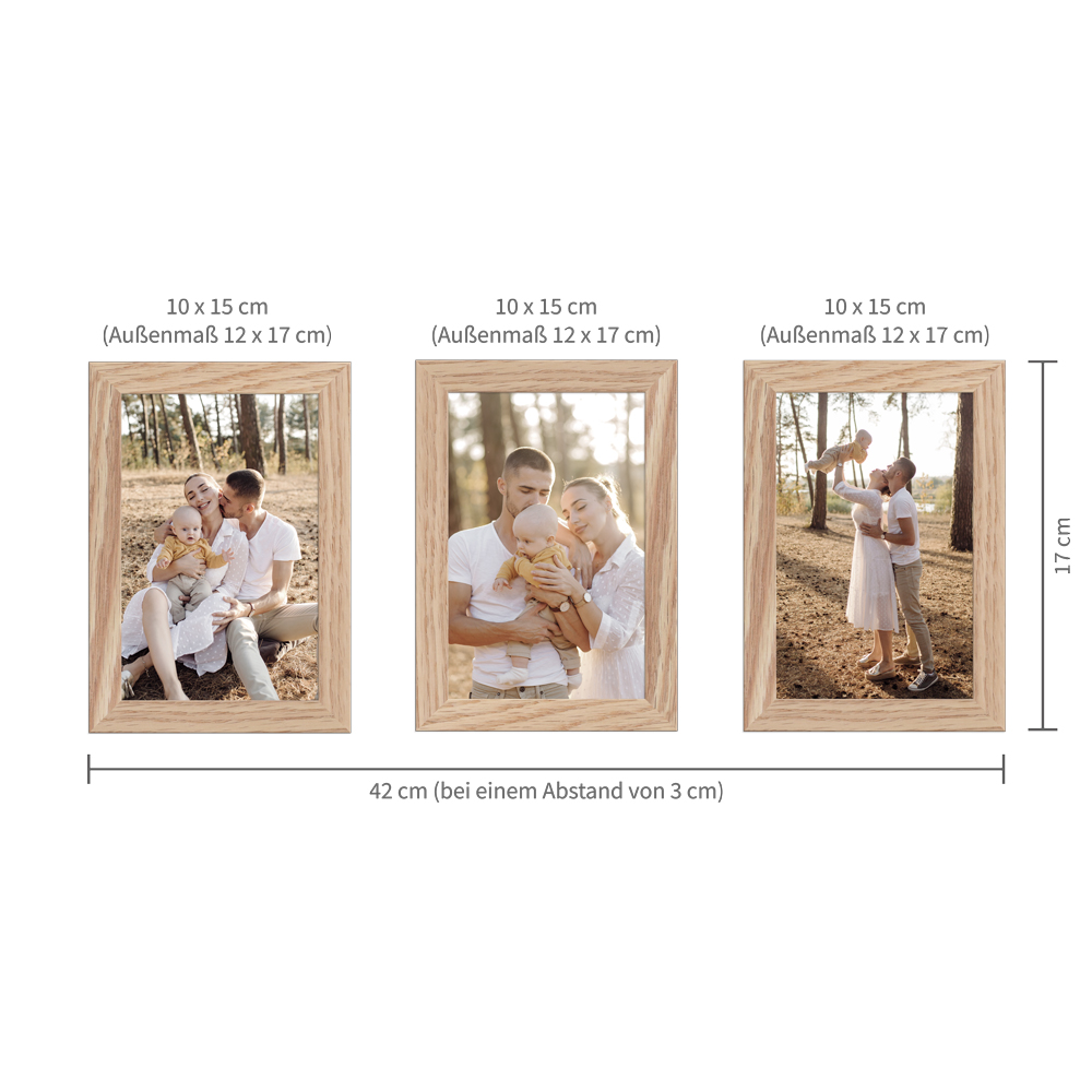 Beispielaufhängung für ein eichefarbenes Bilderrahmen-Set im Format 10x15 cm