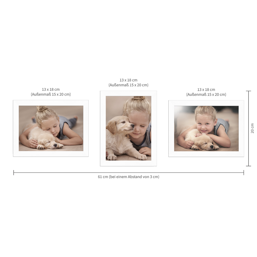 Beispielaufhängung für ein weißes Bilderrahmen-Set im Format 13x18 cm