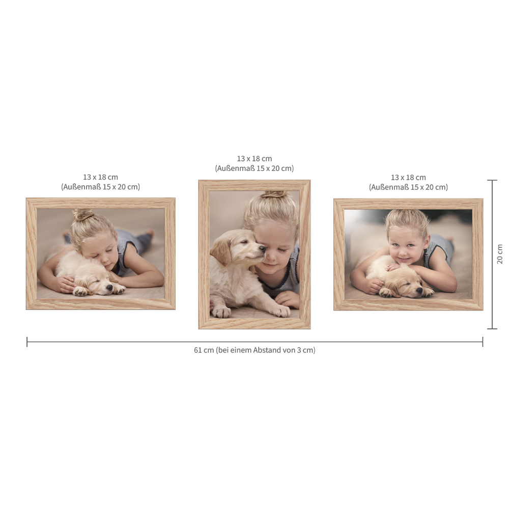 Beispielaufhängung für ein eichefarbenes Bilderrahmen-Set im Format 13x18 cm