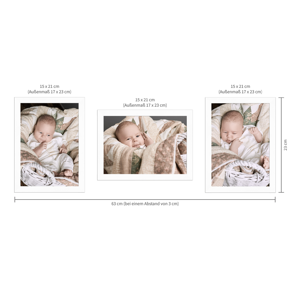 Beispielaufhängung für ein weißes Bilderrahmen-Set im Format 15x21 cm