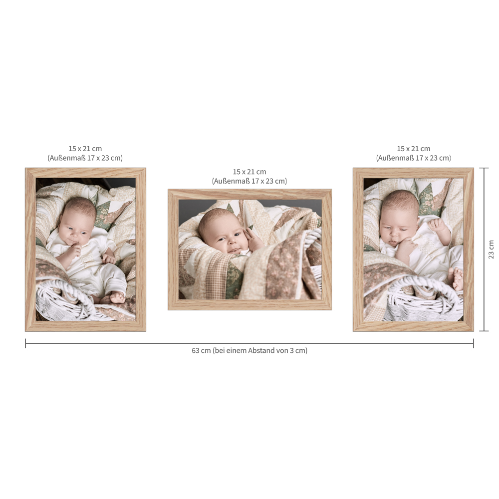 Beispielaufhängung für ein eichefarbenes Bilderrahmen-Set im Format 15x21 cm