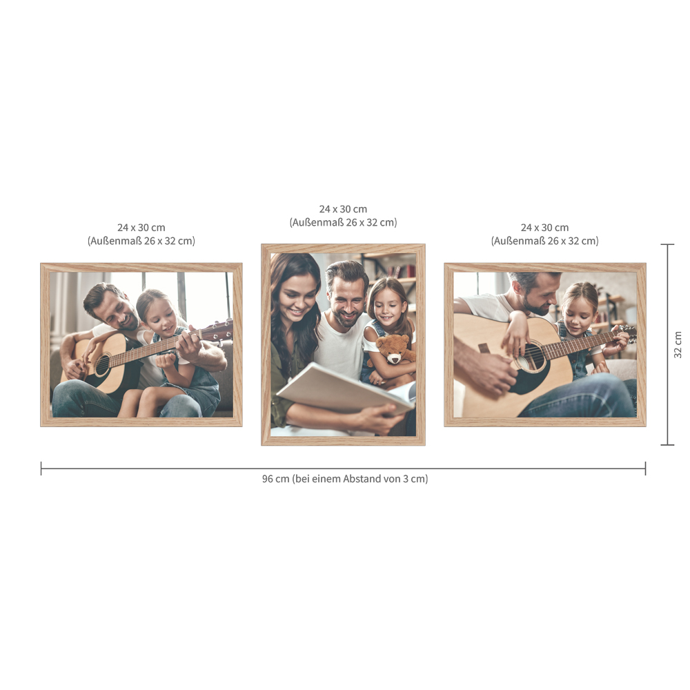 Beispielaufhängung für ein eichefarbenes Bilderrahmen-Set im Format 24x30 cm