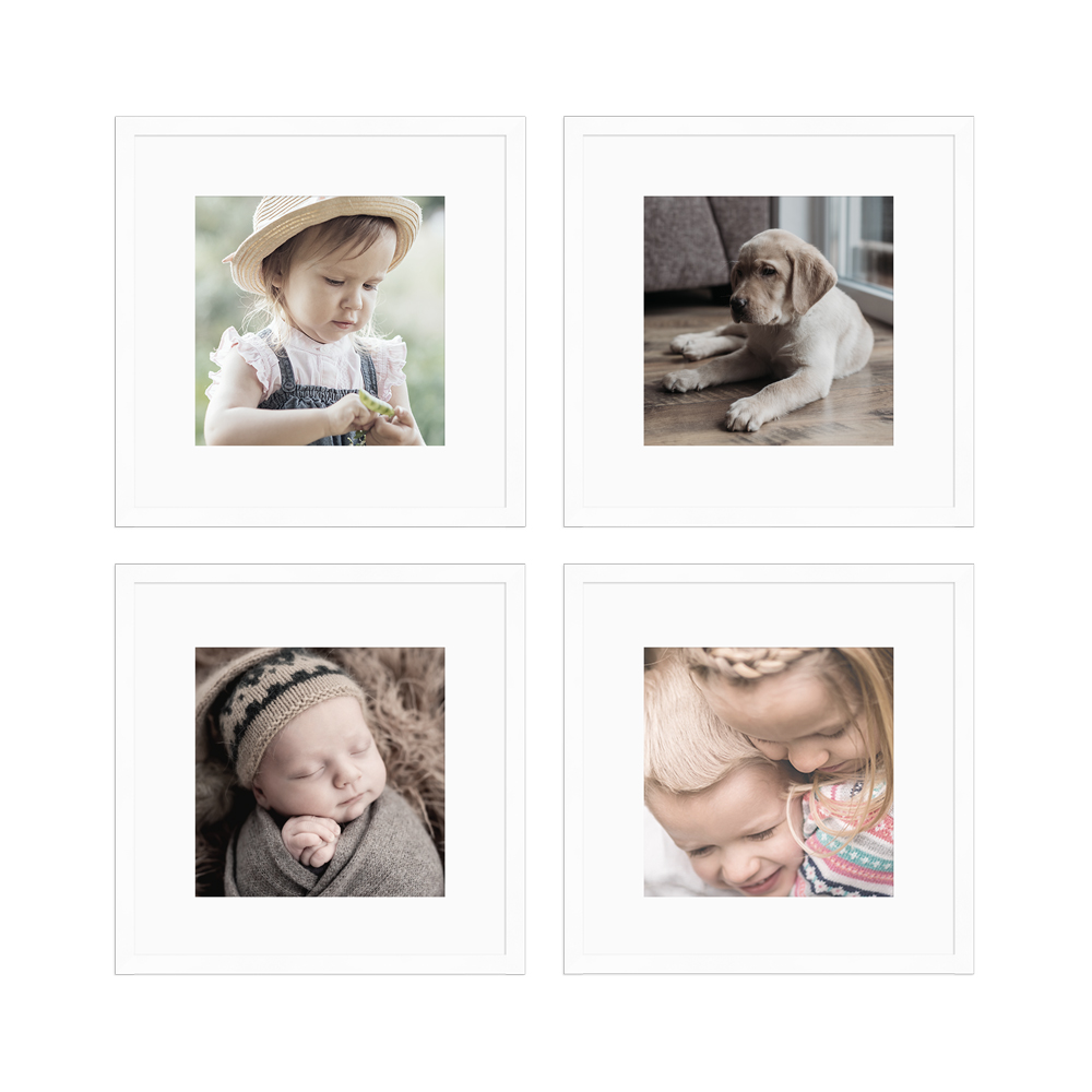 weißes quadratisches 4er Bilderrahmen-Set mit Passepartout