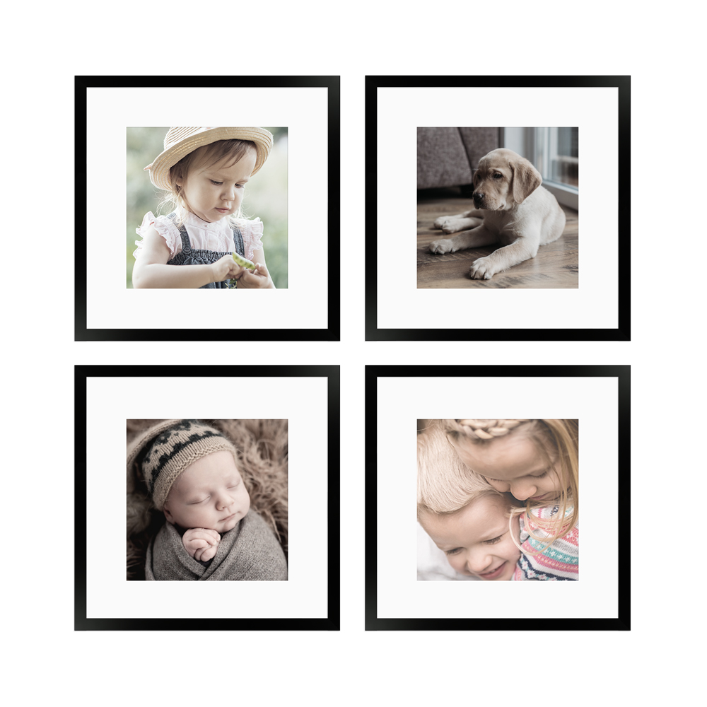 schwarzes quadratisches 4er Bilderrahmen-Set mit Passepartout