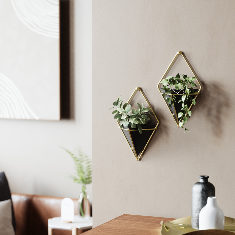 Wohnaccessoire - Wandavsen Set "Trigg" in Schwarz Wohnzimmer dekoriert mit schwarzem 2er Wandvasen Set
