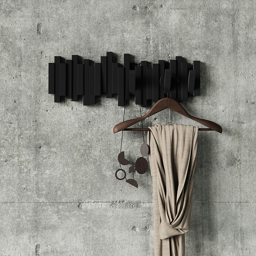 "Sticks" moderne schwarze Wandgarderobe Wandgarderobe mit 5 Klapphaken in Schwarz