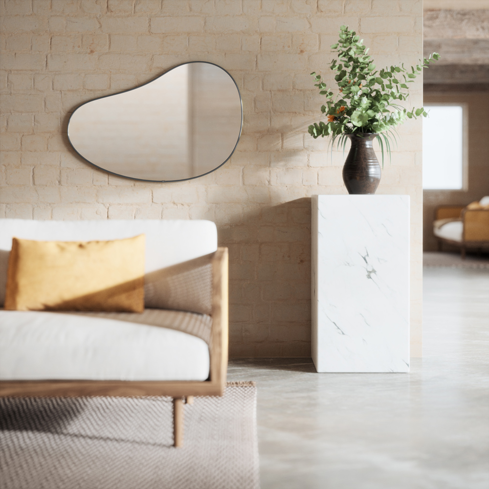 Detailbild - Schwarzer Tropfenförmiger Spiegel Schwarzer Tropfenförmiger Spiegel der über einem Sofa hängt
