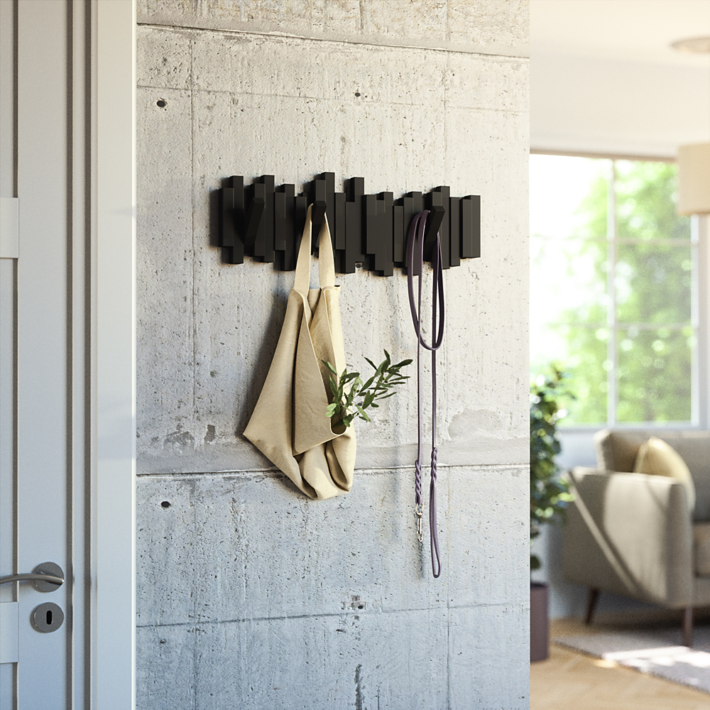 "Sticks" moderne Wandgarderobe aus Kunststoff in Schwarz  schwarze Wandgarderobe aufghängt in Shabby-Chic Wohnzimmer