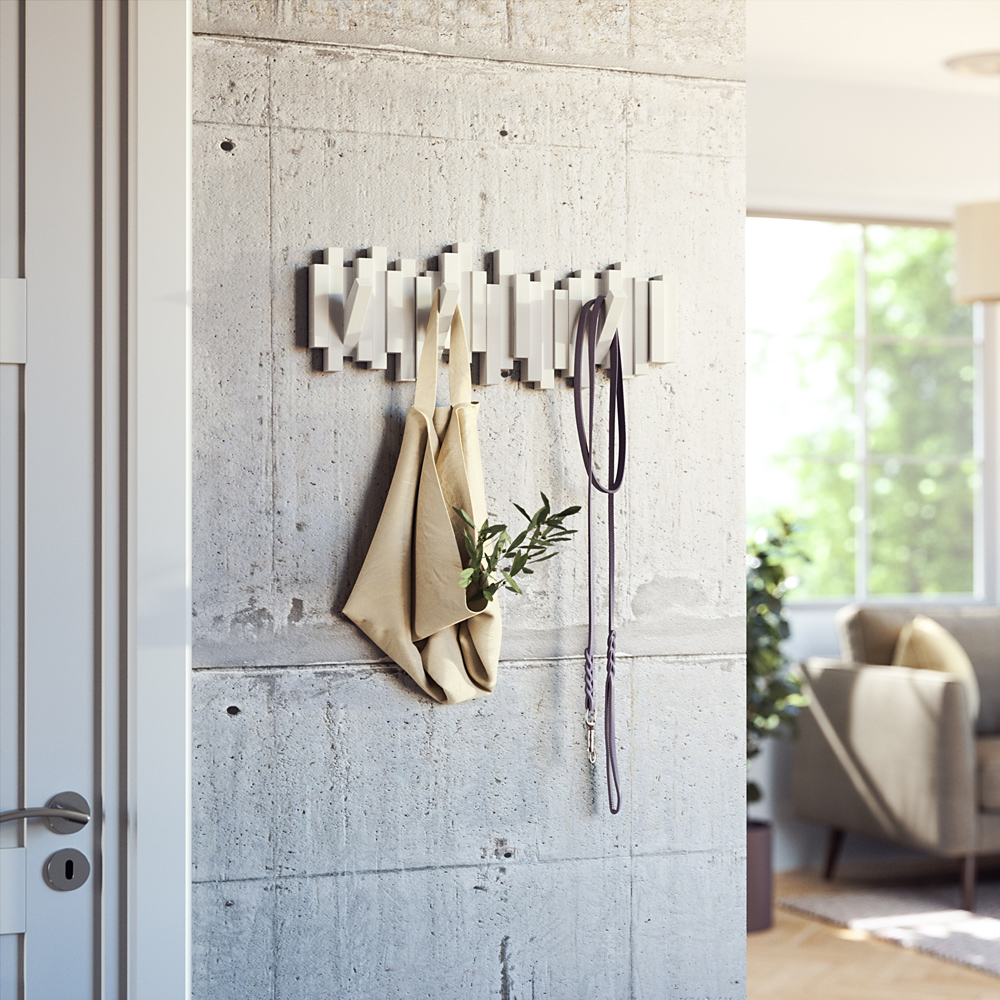 "Sticks" moderne Wandgarderobe aus Kunststoff in Weiß weiße Wandgarderobe aufghängt in Shabby-Chic Wohnzimmer