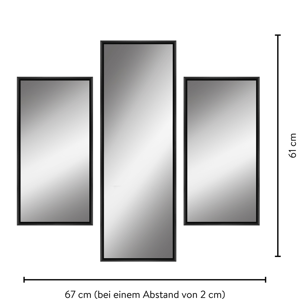 Maße eines Spiegelsets bestehend aus 3 edlen Aluminiumspiegeln 