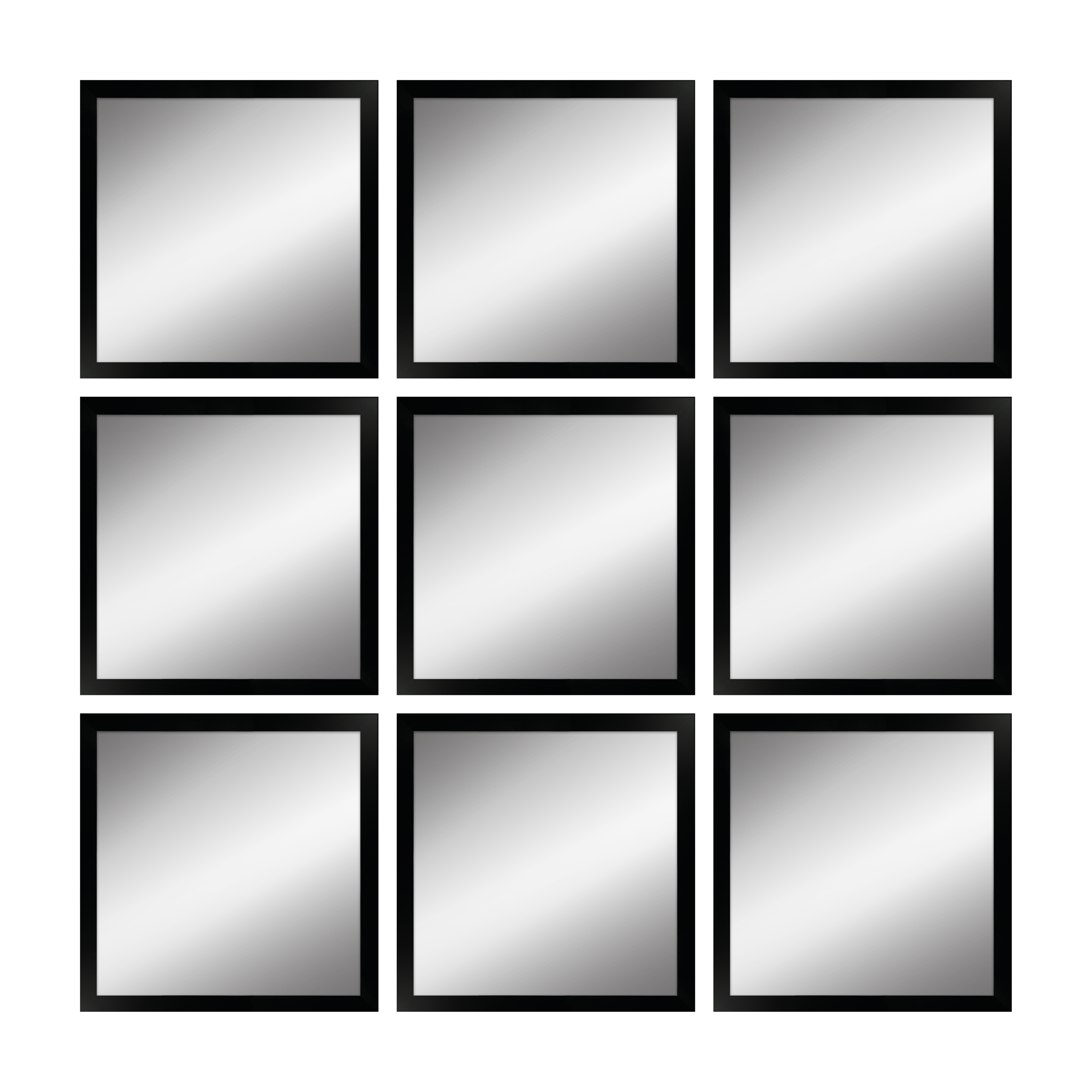 9 quadratische schwarze Spiegel mit Holzrahmen
