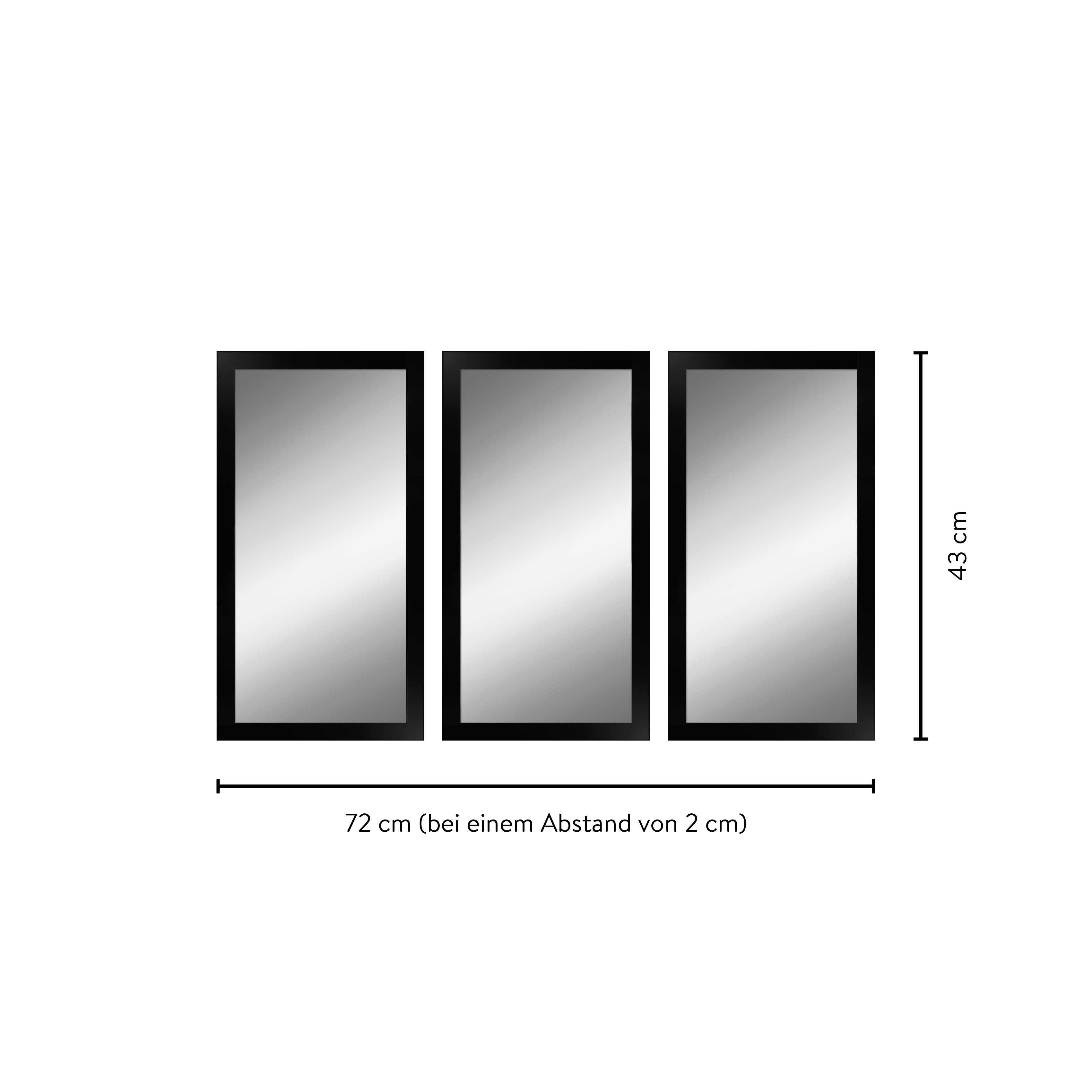 Maße eines Spiegelsets bestehend aus 3 rechteckigen Spiegeln mit Holzrahmen