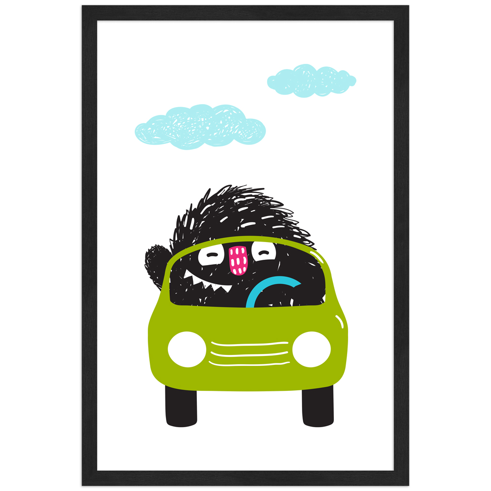 Monsterchen im Auto - Poster mit schwarzem Rahmen