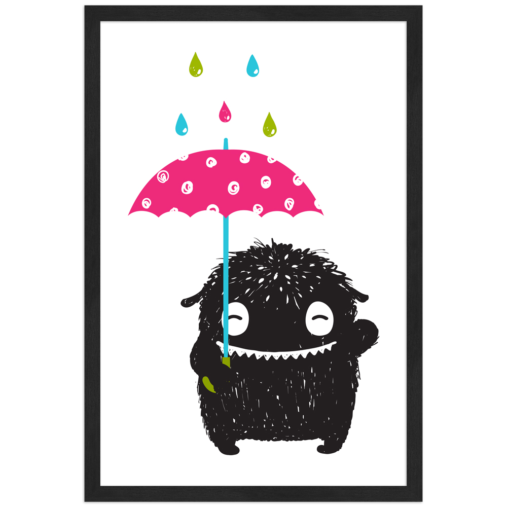 Monsterchen im Regen - Poster mit schwarzem Rahmen