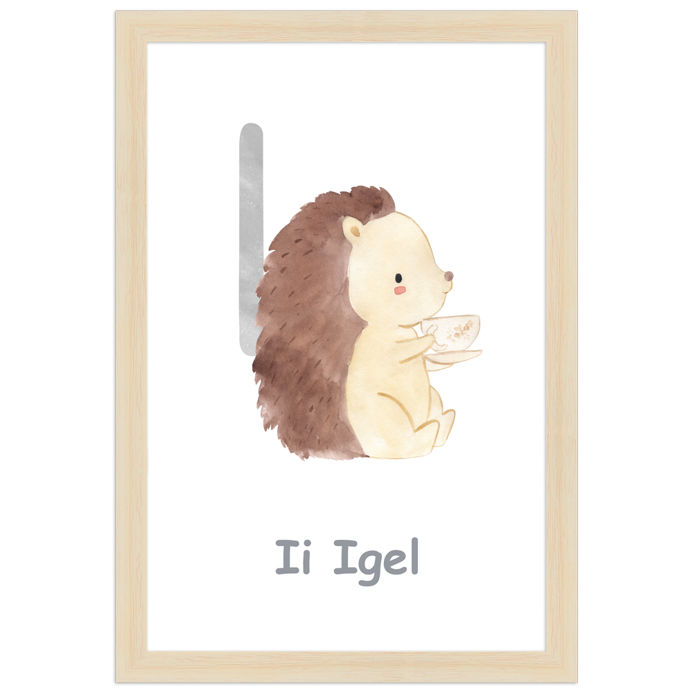 20x30 Poster des Buchstaben I mit Illustration eines Igels