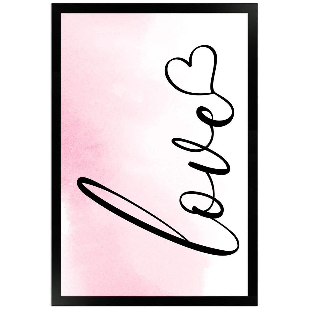 love - rosafarbenes Poster mit schwarzem Holzrahmen 30x45 cm