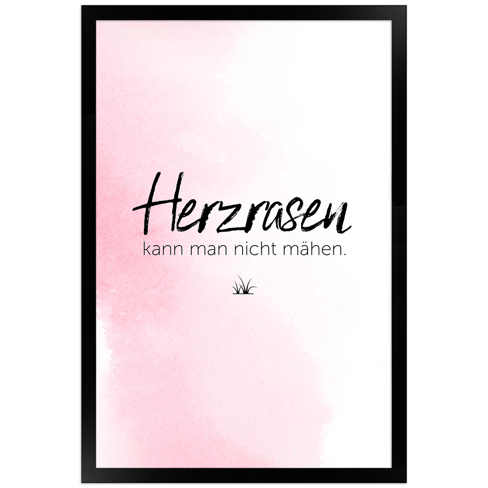 Herzrasen - rosafarbenes Poster mit schwarzem Holzrahmen 30x45 cm