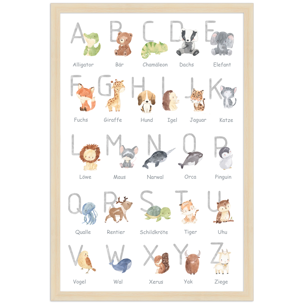 Alphabet Poster Deutsch mit Holzrahmen 30x45 Poster des deutschen Alphabets mit Tier Illustrationen