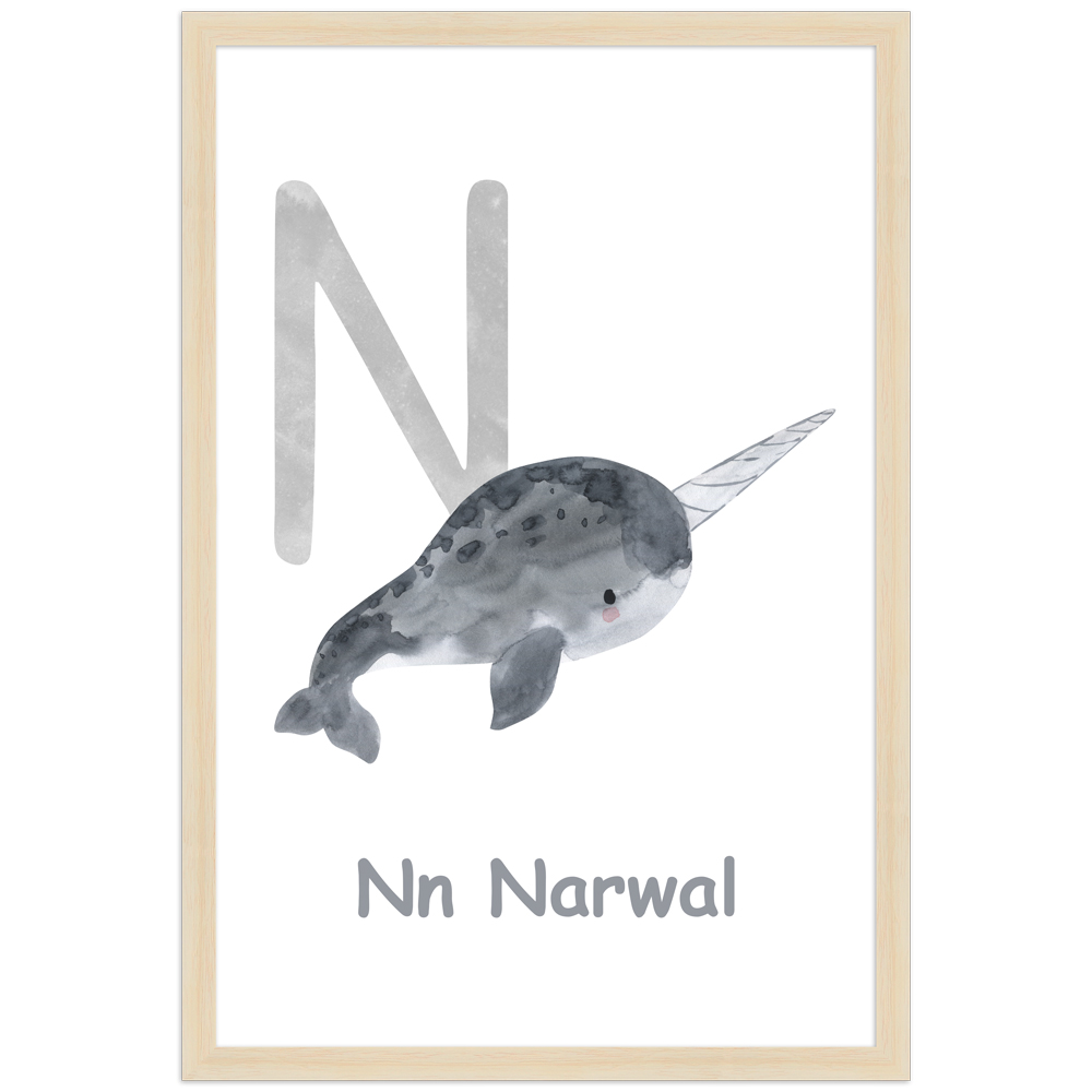 30x45 Poster des Buchstaben N mit Illustration eines Narwals