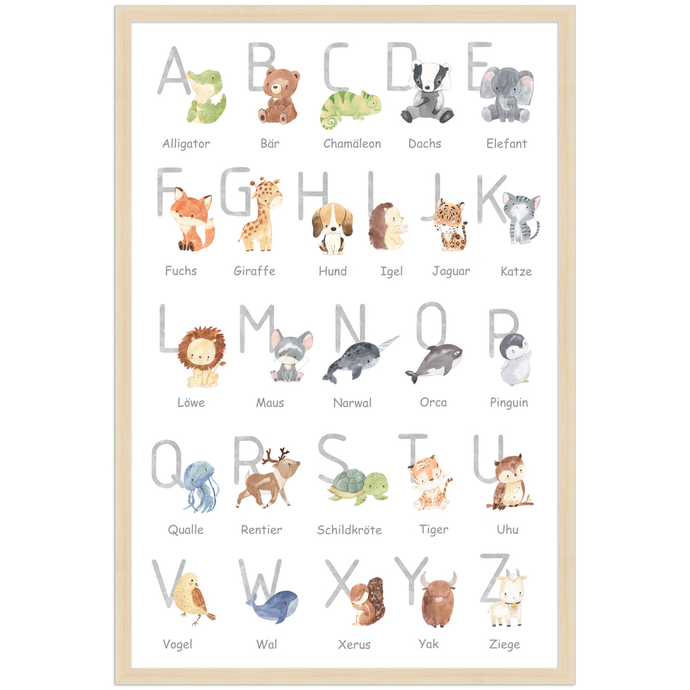 Poster des deutschen Alphabets mit passenden Tierbildern